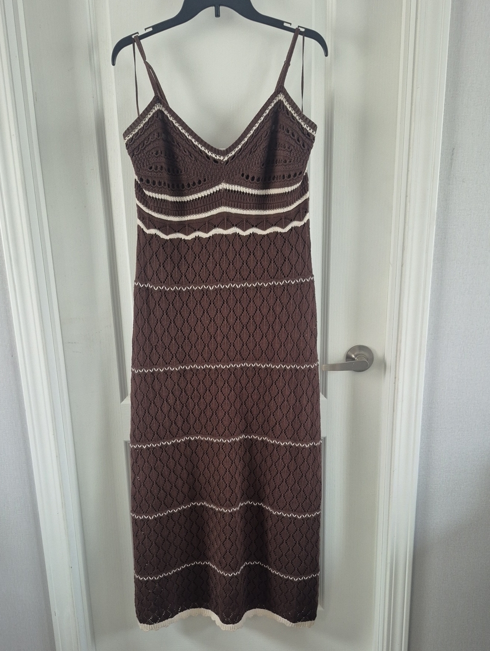 Brown Crochet Midi Slip Dress with Cream Trim